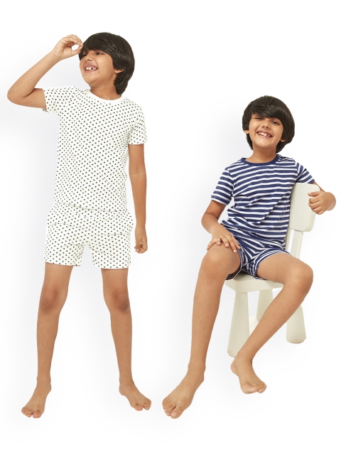 

frangipani Boys White & Blue Pure Cotton Set Of 2 Printed Night suit
