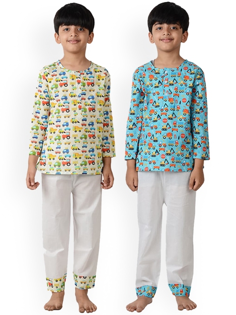

frangipani Boys White & Blue Printed Pure Cotton Night suit