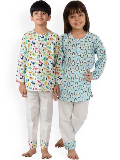 

frangipani Boys White & Blue Pack Of 2 Printed Pure Cotton Night suit