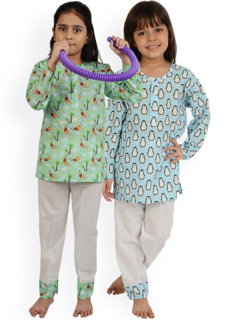 

frangipani Girls Set of 2 White & Blue Printed Pure Cotton Nightsuit