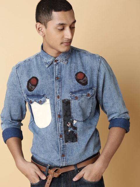 

Mr Bowerbird Men Blue Tailored Fit Faded Denim Casual Shirt
