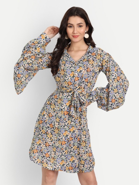 

Sttavoss Navy Blue & White Floral Printed Pure Cotton A-Line Mini Dress