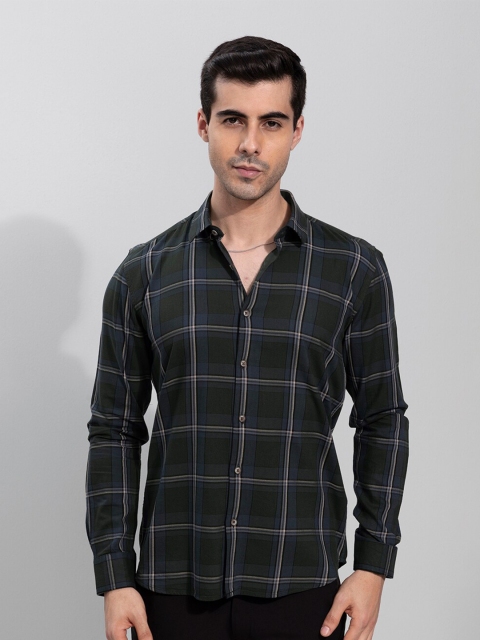 

Snitch Men Olive Green Slim Fit Tartan Checked Cotton Casual Shirt