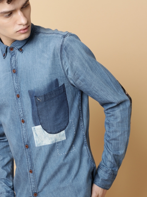 

Mr Bowerbird Men Blue Tailored Fit Solid Denim Casual Shirt