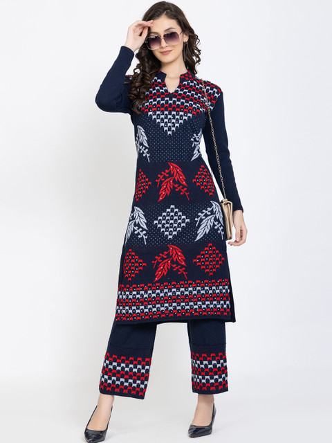 

TYSORT Women Navy Blue Floral Embroidered Kurta with Palazzo