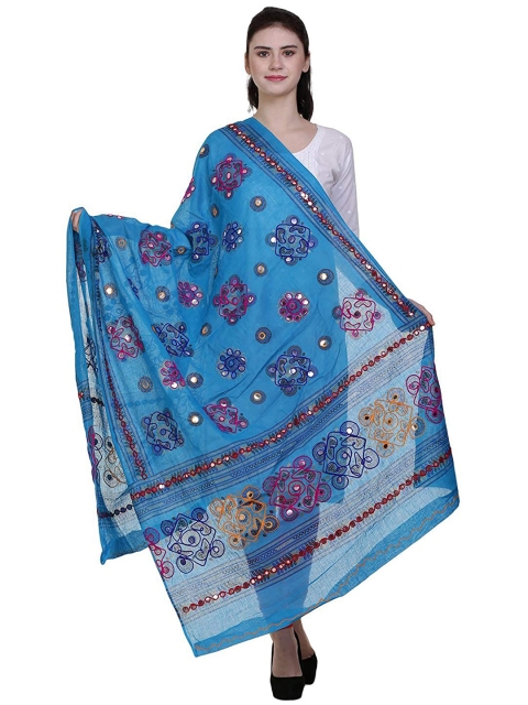 

Vastraa Fusion Blue Embroidered Pure Cotton Block Print Dupatta with Mirror Work