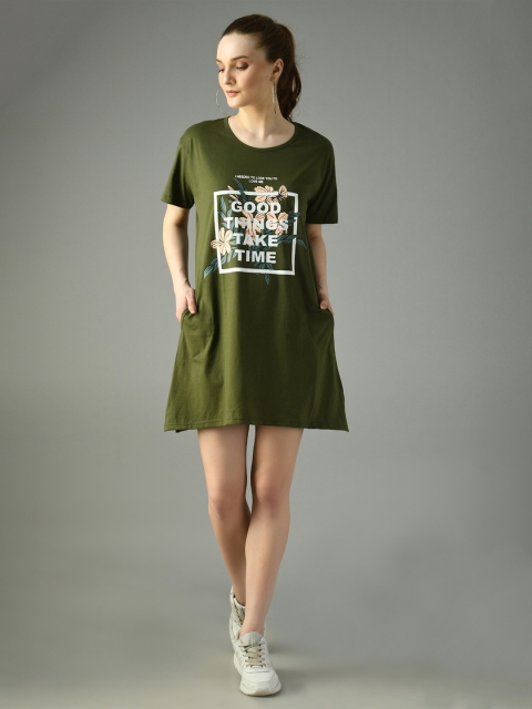

Viral trend Women Olive Green Cotton Round Neck Short Sleeves Shirt Dress