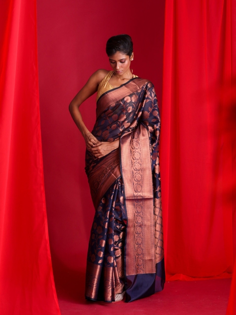 

BEATITUDE Navy Blue & Copper-Toned Ethnic Motifs Zari Banarasi Saree