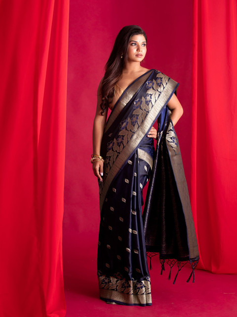 

BEATITUDE Blue & Gold-Toned Ethnic Motifs Zari Silk Blend Banarasi Saree