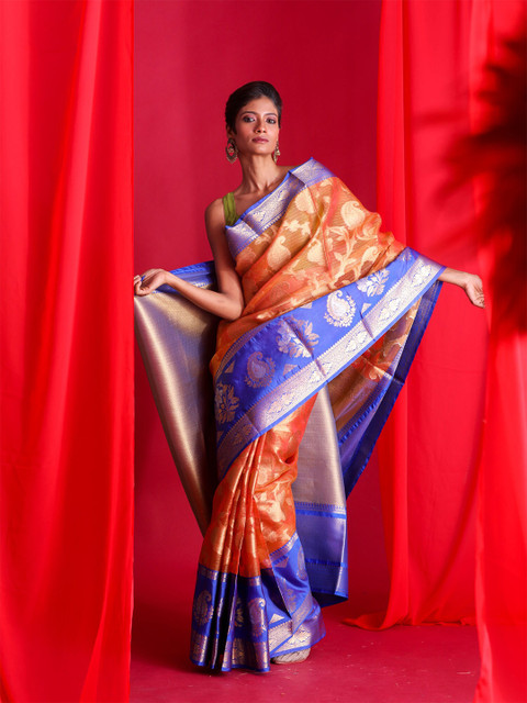 

BEATITUDE Orange & Blue Paisley Zari Silk Blend Banarasi Saree