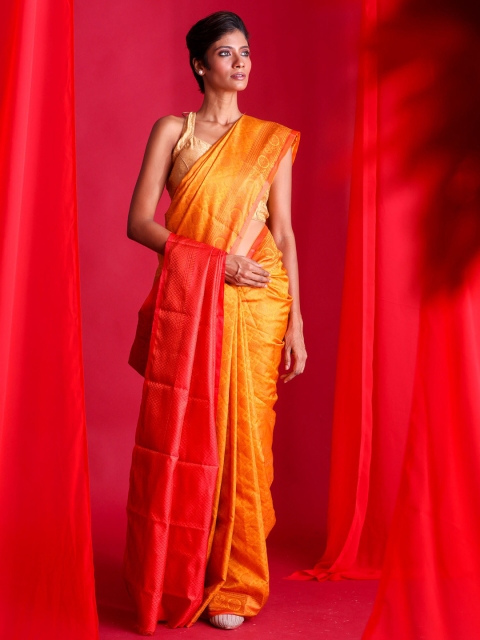 

BEATITUDE Mustard & Pink Ethnic Motifs Zari Silk Blend Banarasi Saree