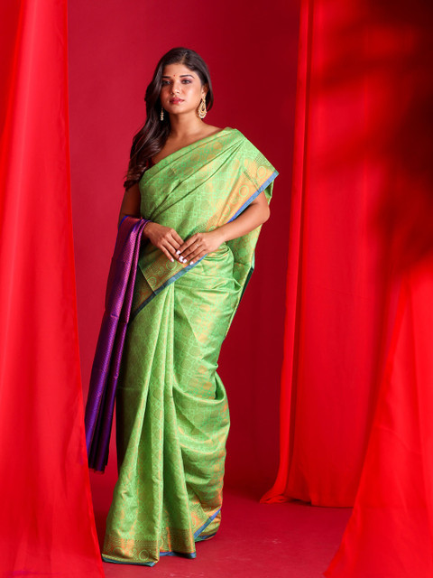 

BEATITUDE Green & Purple Ethnic Motifs Zari Silk Blend Banarasi Saree