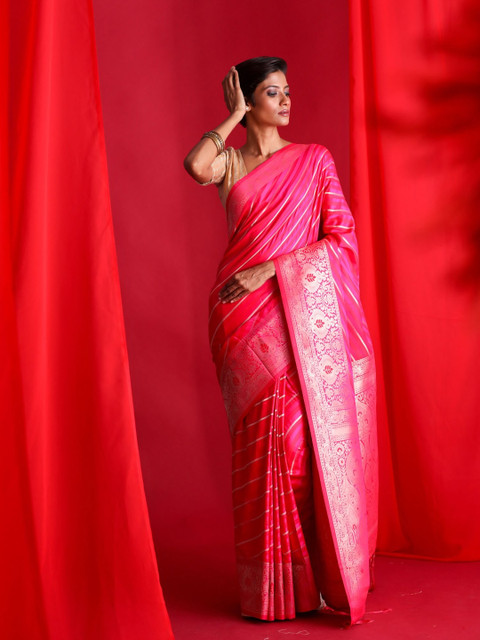 

BEATITUDE Pink & Gold-Toned Leheriya Zari Banarasi Saree