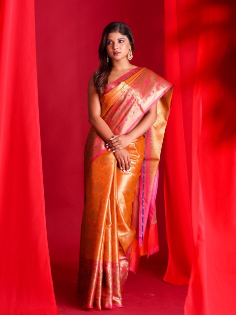 

BEATITUDE Peach-Coloured & Orange Ethnic Motifs Zari Silk Blend Banarasi Saree