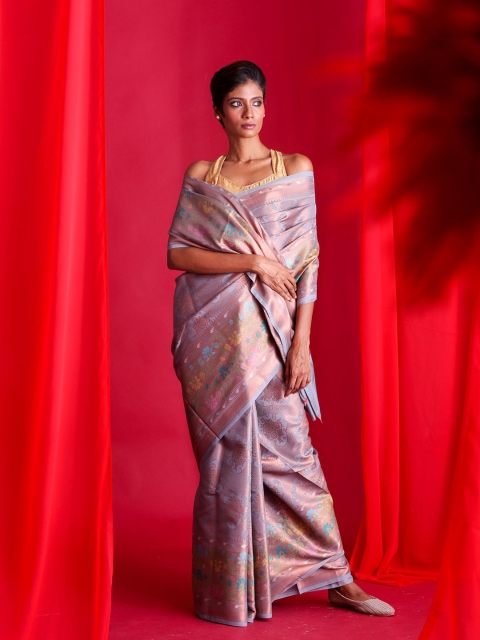 

BEATITUDE Grey & Copper-Toned Ethnic Motifs Zari Silk Blend Banarasi Saree