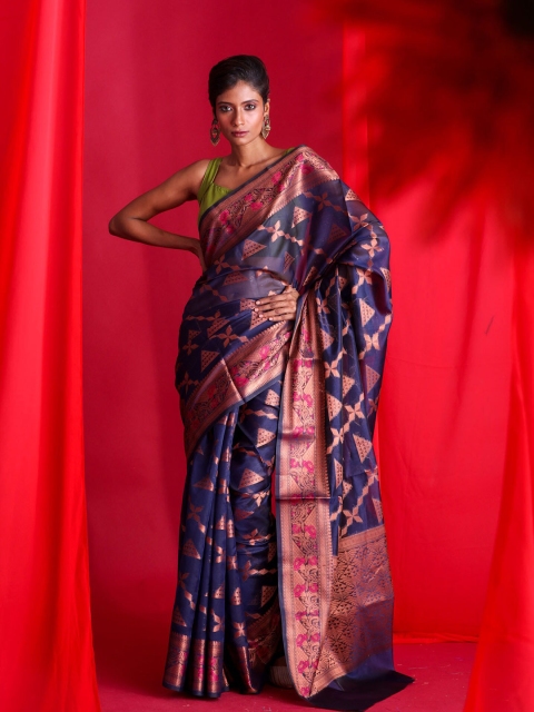 

BEATITUDE Blue & Copper-Toned Zari Silk Cotton Banarasi Saree