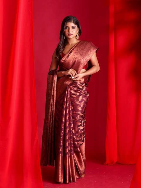 

BEATITUDE Brown & Copper-Toned Zari Organza Banarasi Saree