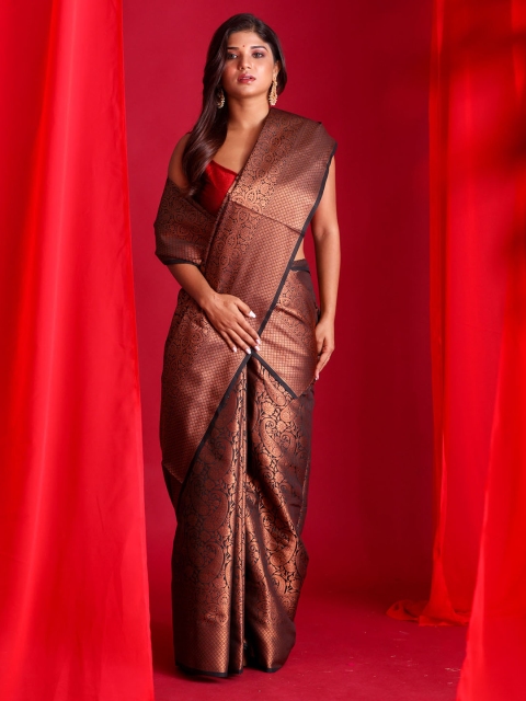 

BEATITUDE Black & Copper-Toned Ethnic Motifs Zari Silk Blend Banarasi Saree
