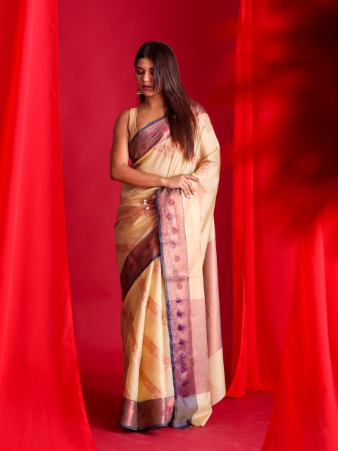 

BEATITUDE Yellow & Blue Ethnic Motifs Zari Silk Cotton Banarasi Saree