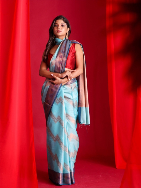 

BEATITUDE Blue & Copper-Toned Floral Zari Silk Cotton Banarasi Saree