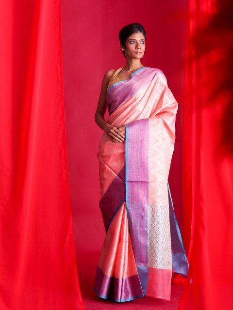 

BEATITUDE Pink & Silver-Toned Zari Organza Banarasi Saree