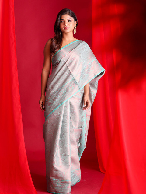 

BEATITUDE Blue & Gold-Toned Floral Zari Brocade Banarasi Saree