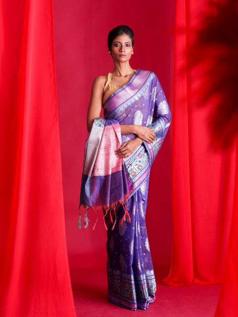 

BEATITUDE Violet & Pink Floral Zari Silk Blend Banarasi Saree