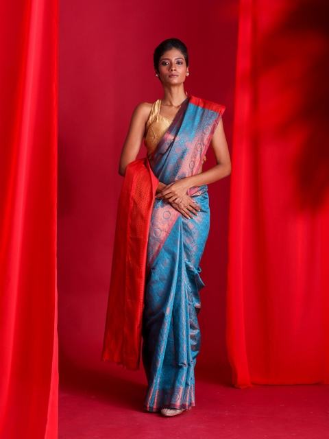

BEATITUDE Blue & Red Ethnic Motifs Zari Silk Blend Banarasi Saree