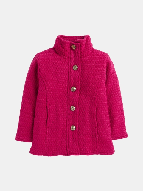 

Hopscotch Girls Fuchsia Self Design Stand Collar Acrylic Long Coat