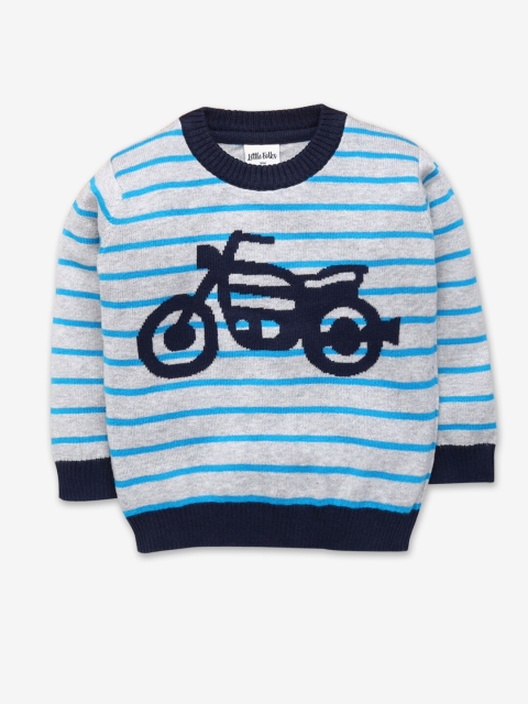 

Hopscotch Boys Grey & Navy Blue Striped Full-Sleeve Pure Cotton Pullover Sweater
