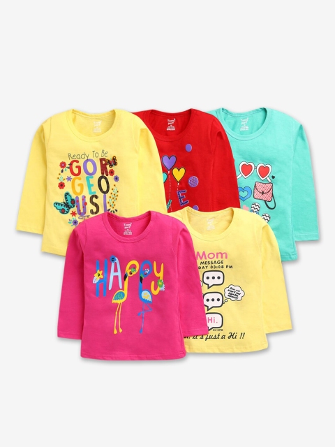

Hopscotch Girls Pack of 5 Yellow & Red Typography Printed Cotton T-shirt