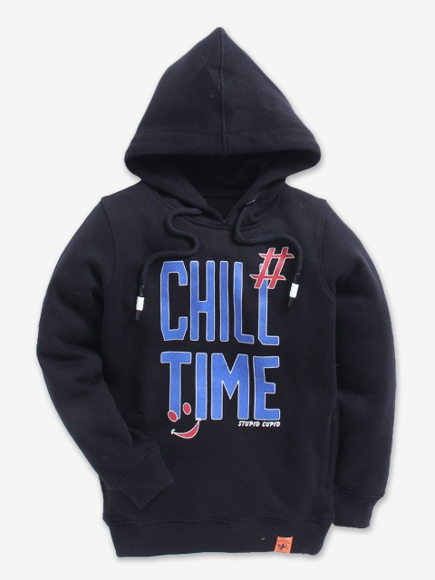 

Hopscotch Boys Black Printed Hooded Cotton Sweatshirt