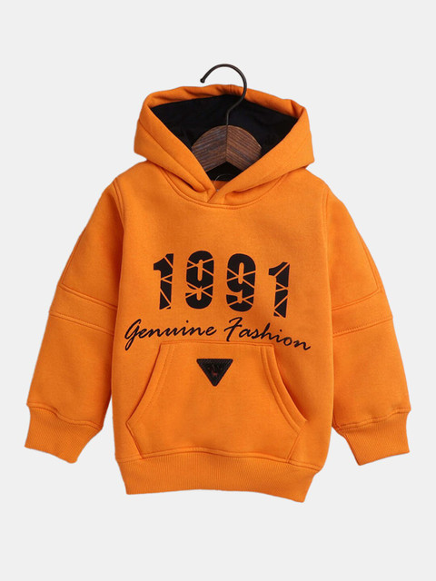 

Hopscotch Boys Orange Printed Hooded Sweatshirt
