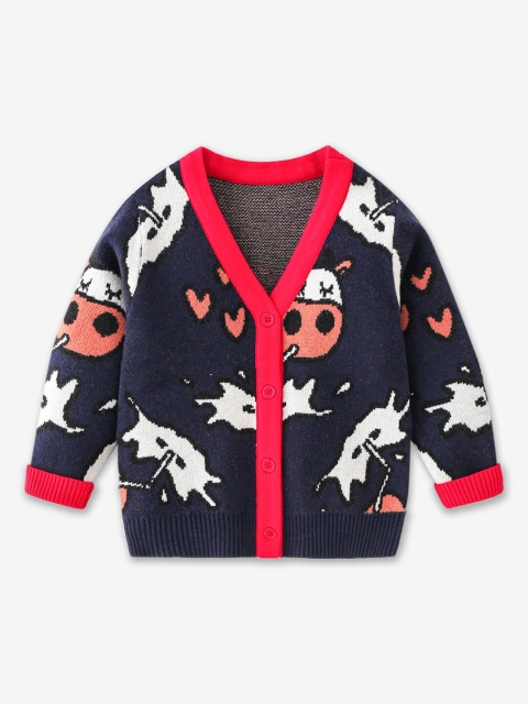 

Hopscotch Boys Navy Blue & Pink Printed Cardigan Sweater