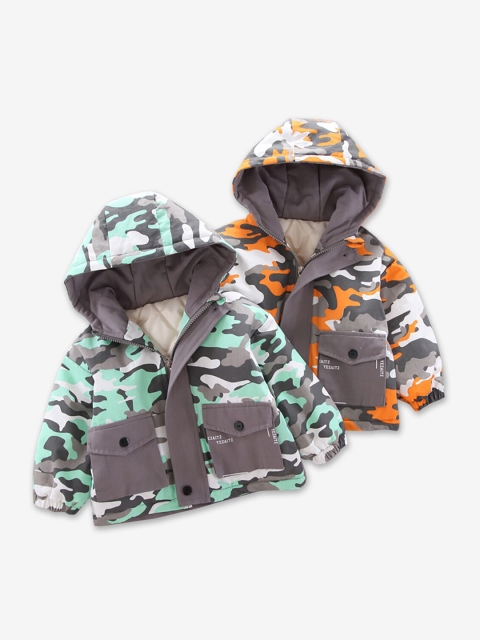 

Hopscotch Boys Green Orange Camouflage Printed Hooded Puffer Jacket