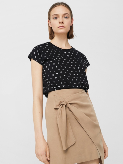 

MANGO Women Black Printed Round Neck T-shirt