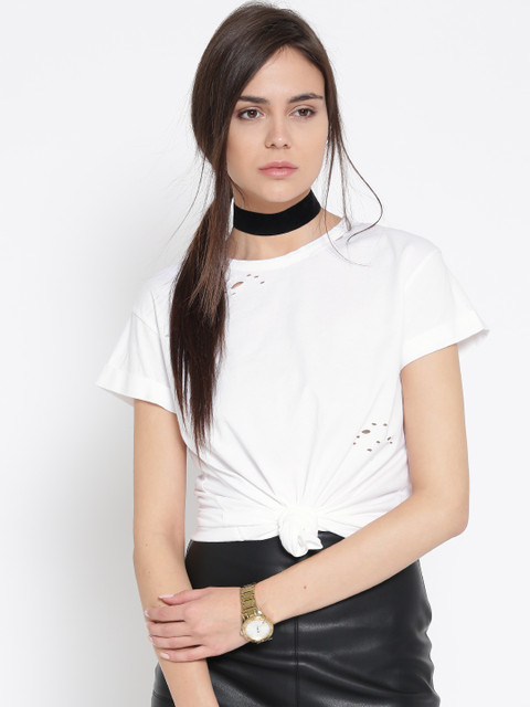

MANGO Women White Solid Round Neck T-shirt
