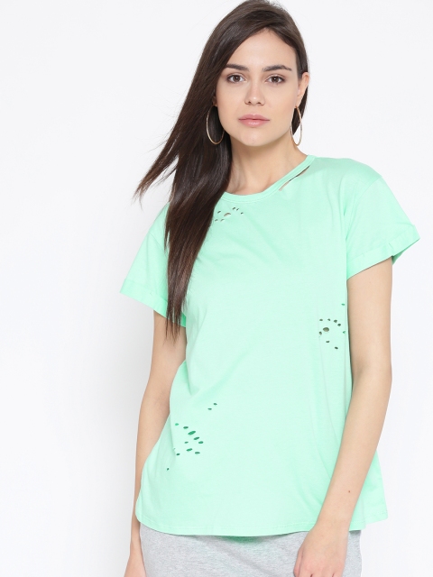 

MANGO Women Sea Green Solid Round Neck T-shirt