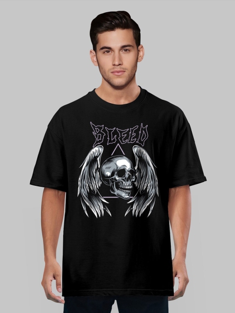 

Pootlu Men Black & White Printed Monochrome Loose T-shirt