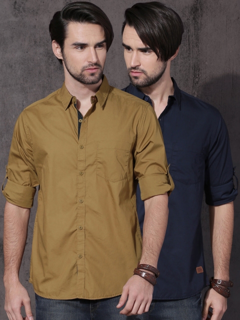 

Roadster Pack of 2 Solid Slim Fit Casual Shirts, Khaki