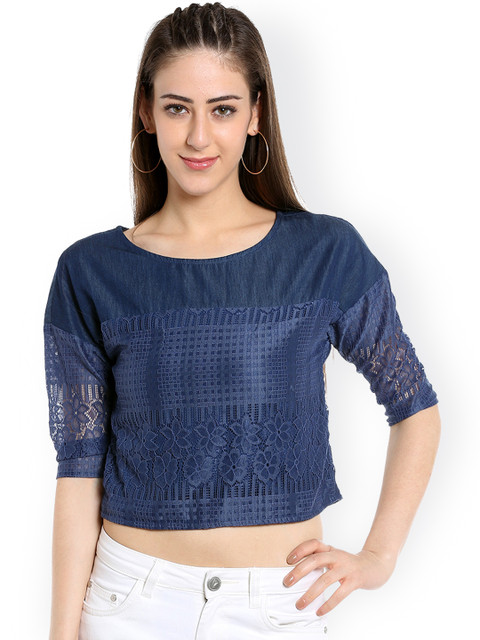 

109F Women Navy Blue Self-Design Crop Top