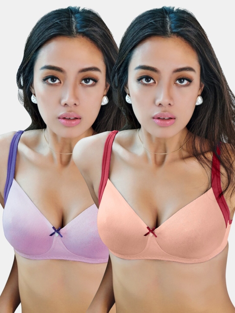 

Sonari Pack Of 2 Purple & Peach Solid Cotton Non Padded Bra