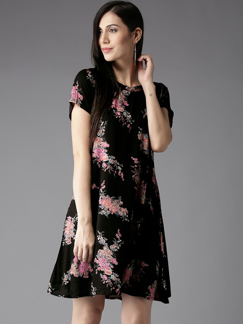 

HERE&NOW Women Black Lightweight Floral Print A-Line Dress