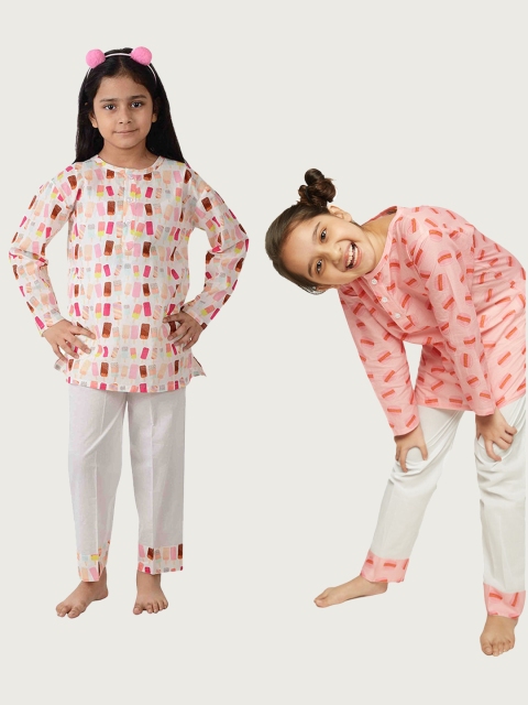 

frangipani Girls Set Of 2 Pink & Beige Printed Pure Cotton Night suit
