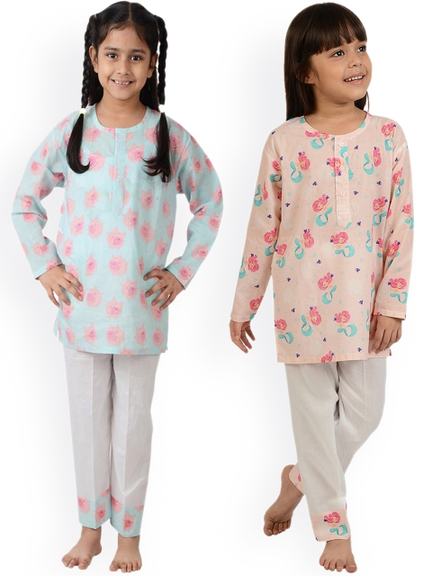 

frangipani Girls Pack Of 2 Blue & Peach-Coloured Printed Night suit