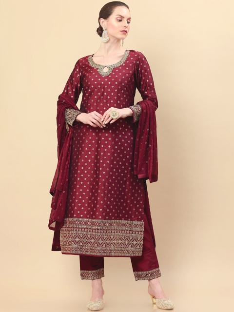 

Soch Women Maroon Ethnic Motifs Embroidered Beads and Stones Kurta & Trousers & Dupatta