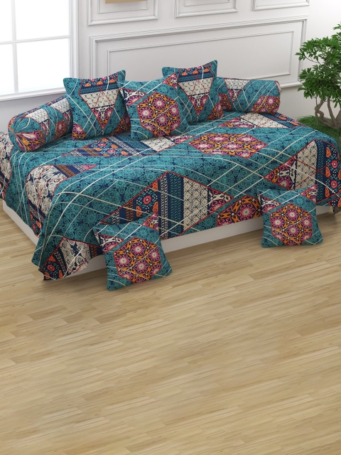 

Bajo's Set Of 8 Printed Glace Cotton Diwan Set, Blue