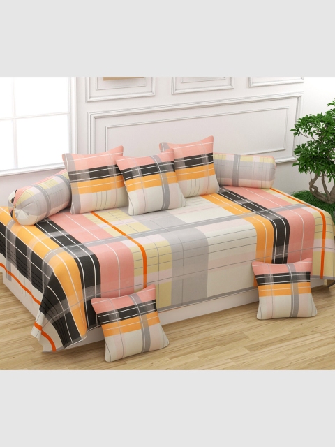 

Bajo's Set of 8 Pink & Yellow Checked Cotton Bedsheet With Bolster & Cushion Covers