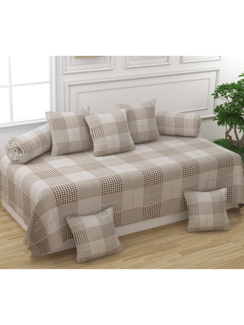 

Bajo's Set of 8 Brown & White Checked Cotton Bedsheet With Bolster & Cushion Covers