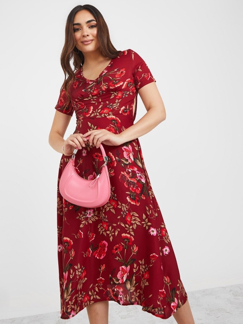 

Styli Maroon Floral A-Line Midi Dress